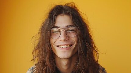 Fototapeta na wymiar Young man with long hair and glasses smiling against a yellow background.