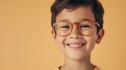 Smiling young boy with glasses wearing a white shirt against a yellow background.