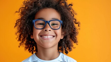 A young child with curly hair and blue glasses smiling brightly against a vibrant orange background.