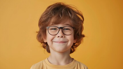 Young boy with glasses and curly hair smiling against yellow background.
