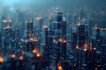 Nighttime Urban Skyline View of Cityscape with Glowing Lights