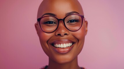 A bald woman with freckles wearing glasses and a warm smile against a pink background.