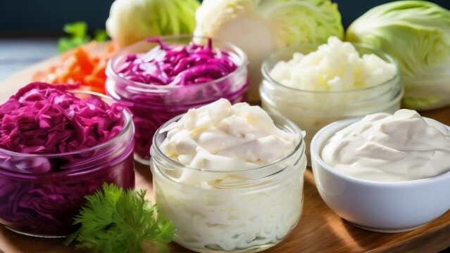 A vibrant of probiotic foods such as yogurt and sauerkraut, known for their ability to promote a healthy balance of gut microbes.