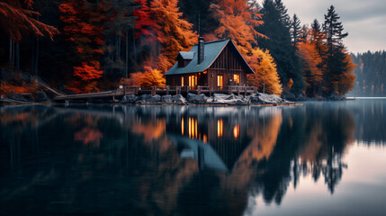 A cabin on a lake with a reflection of a cabin - obrazy, fototapety, plakaty