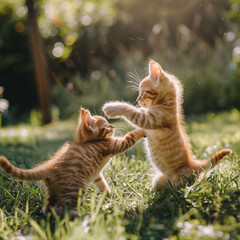 Horizontal photo of two young ginger and brown cats fighting in the garden on the grass in summer. ai technology