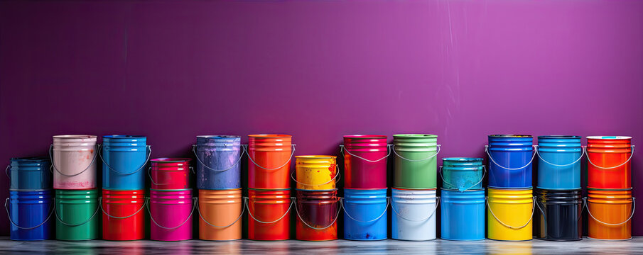 Color paint cans in row.