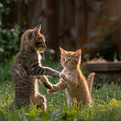 Naklejka na ściany i meble Horizontal photo of two young ginger and brown cats fighting in the garden on the grass in summer. ai technology