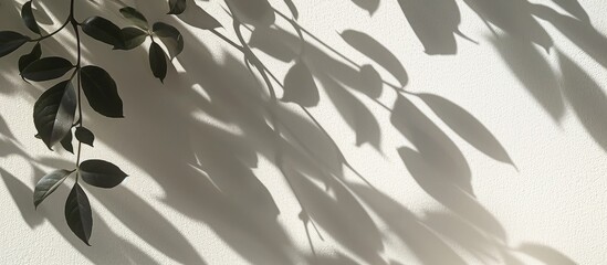 the shadow of a tree branch is cast on a white wall . High quality