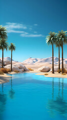3D render of a beautiful desert landscape with palm trees and pool