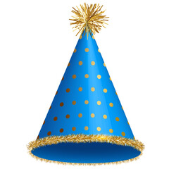 Blue party hats with pattern of dots. Mockup of cap for birthday, Christmas, festive celebration isolated on transparent background.