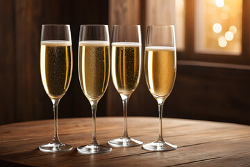 Four glasses of champagne on a simple wooden background, Valentine's Day, Christmas. Generative AI