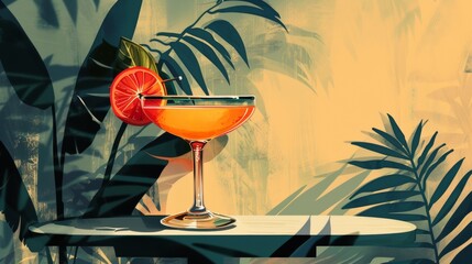 Vintage Tropical Cocktail Illustration - Elegant Drink with Orange Slice