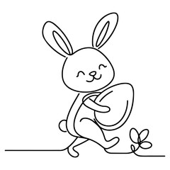 Obraz premium Hand drawn black line art rabbit easter egg doodle coloring linear style vector illustration elements. one continuous line drawing bunny with eggs Editable stroke outline