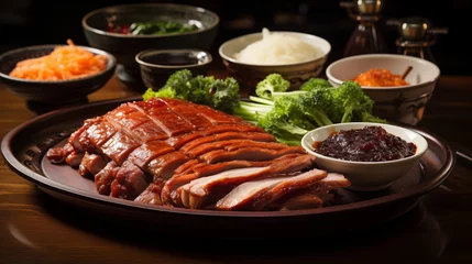Foto op Plexiglas Beijing's Culinary Star: Peking Roasted Duck, Crispy Skin Delight with Sweet Bean Sauce © Phrygian