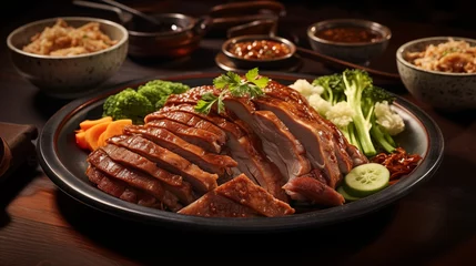 Crédence de cuisine en verre imprimé Pékin Beijing's Delight: Peking Roasted Duck, Crispy Skin and Tender Meat with Rich Garlic Sauce