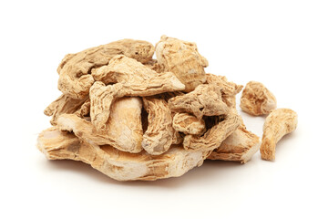 Close-up of Dry Organic Ginger root (Zingiber officinale) or sonth, isolated on a white background....