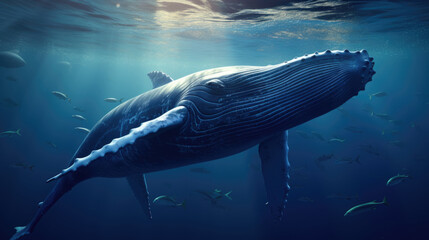 Magnificent Humpback whale swimming in clear blue water