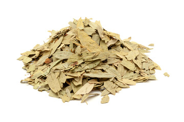 Close-up of Dry Organic Sanay or Senna (Senna alexandrina) leaves, isolated on a white background. Front view