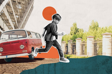 Surreal creative strange collage of little boy running to fence park playing in family auto road...