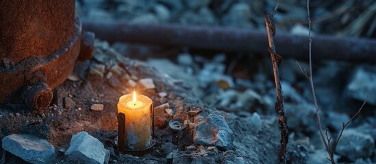 Candle with miner's belongings placed in vigil light after deadly mine accident. - obrazy, fototapety, plakaty