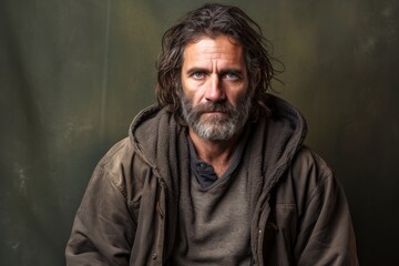 Homeless man, 47 years old, wearing a forlorn look, symbolizing the struggles of those battling homelessness on a solid muted brown background.