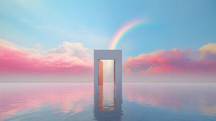 a rainbow colored door on water with rainbow over it, in the style of contemporary metallurgy, light sky-blue and light silver, surreal 3d landscapes, confessional