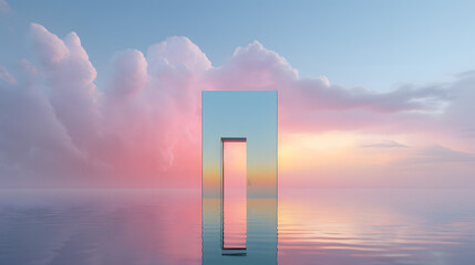 a rainbow door, in the style of futuristic surrealism, luminosity of water, chrome-plated, ethereal cloudscapes