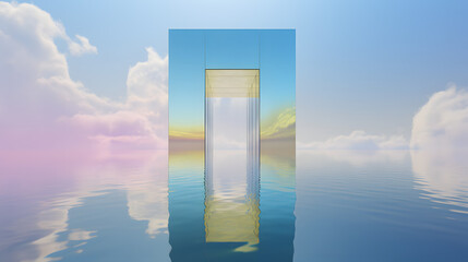 a rainbow in the sky, in the style of mirror rooms, hyper-realistic water, confessional, made of liquid metal, minimalistic objects, light silver and light cyan, realistic blue skies