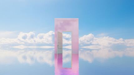 a large door is open in the white cloudy sky, in the style of sparkling water reflections, psychedelic surrealism:, minimalistic metal sculptures, confessional, hyper-realistic water, multi-coloured