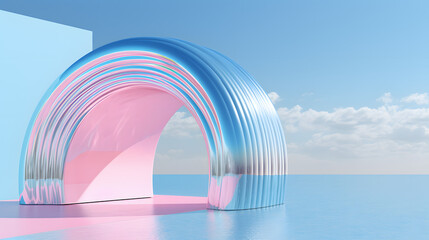 the rainbow is bright blue, in the style of abstract surrealism, confessional, hyper-realistic water, photorealistic rendering, light sky-blue and pink, chrome reflections, minimalistic