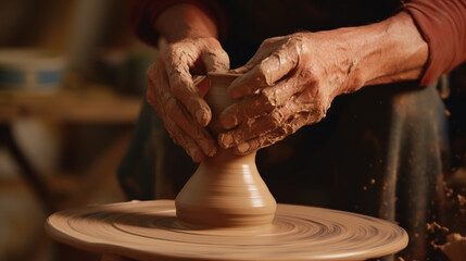 Close-up of an artisan potter's hands shaping clay into a unique vase on a potter's wheel