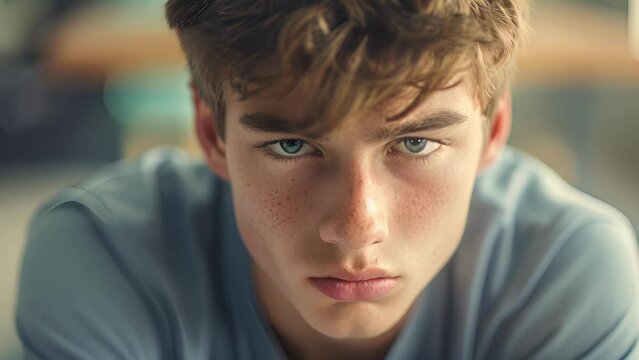 Closeup portrait of a teenage boy his face flushed with exhaustion and his gaze distant. Burnout from academic pressure and extracurricular activities is evident, Close-Up of Person Wearing Blue Shirt