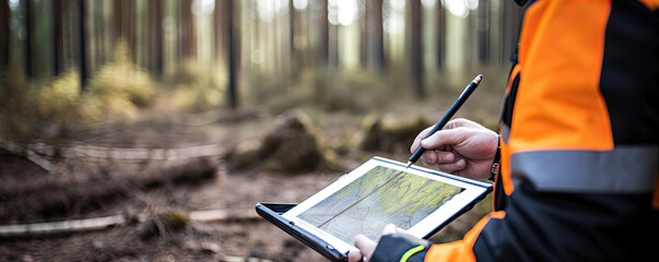 Work with digital tablet in forest. Forest topography maps rd set gps navigation point.