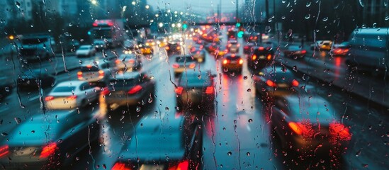 a blurry picture of a busy city street in the rain . High quality