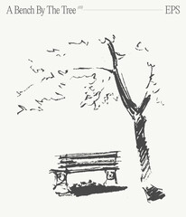 A drawing of a bench under a tree. Hand drawn vector illustration, sketch. - 736942484