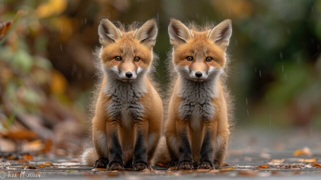 Twin Foxes in Autumn Leaves Captivating Portrait.