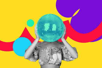 Creative drawing collage picture of funny female cover hide face disco ball enjoy party have fun...