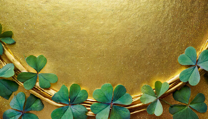 Green clover leaves on gold background. St. Patrick's Day theme.