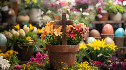 Fototapeta na wymiar A vibrant diy Resurrection scene for Easter with wooden crosses in a terracotta pot surrounded by spring blooms and colorful eggs. generative AI