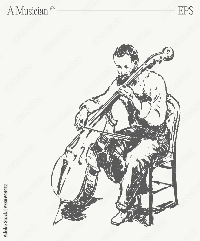 Wall mural Hand drawn vector illustration of a man is sitting in a chair playing a cello. Isolated sketch.