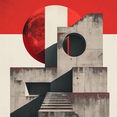  concrete building with the stairs and the full moon in the background. mysticism,  Modernism , Neo Brutalism