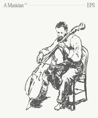 Hand drawn vector illustration of a man is sitting in a chair playing a cello. Isolated sketch.