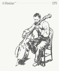 Hand drawn vector illustration of a man is sitting in a chair playing a cello. Isolated sketch. © TheMountBirdStudio