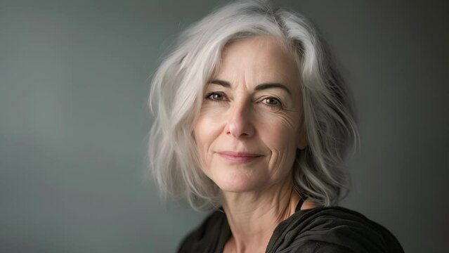 A portrait of a person with silver hair representing the beauty of embracing ones natural aging process, Mature female With Grey Hair and Black Shirt