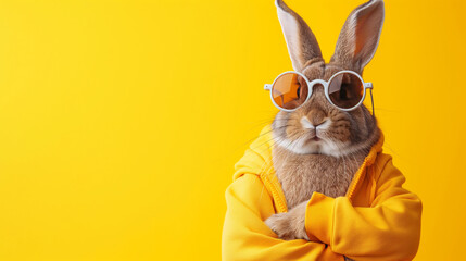 Cool cute easter bunny, rabbit with sunglasses with rabbit ears, isolated on yellow background - obrazy, fototapety, plakaty