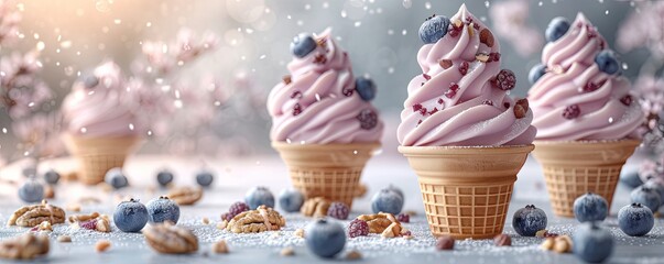 refreshing summer blueberry ice cream in a waffle cup.