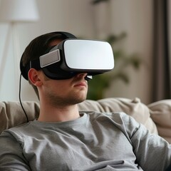  Young Man using a virtual reality headset. vr