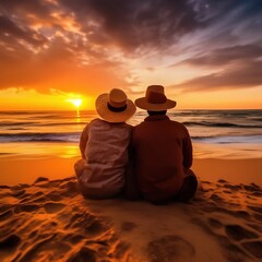 couple relaxing on the beach at sunset. tropical trip.