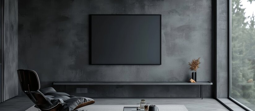 Dark grey smooth wall with a mockup of a black picture frame.