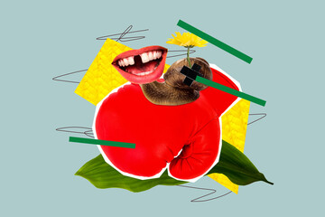 Collage picture poster of human mouth with knocked out tooth after box fight knockout isolated on...